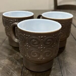 Vintage Hazel Atlas Hazelware Smoke Milk Glass Scroll & Dots Embossed Mugs‎ (3)